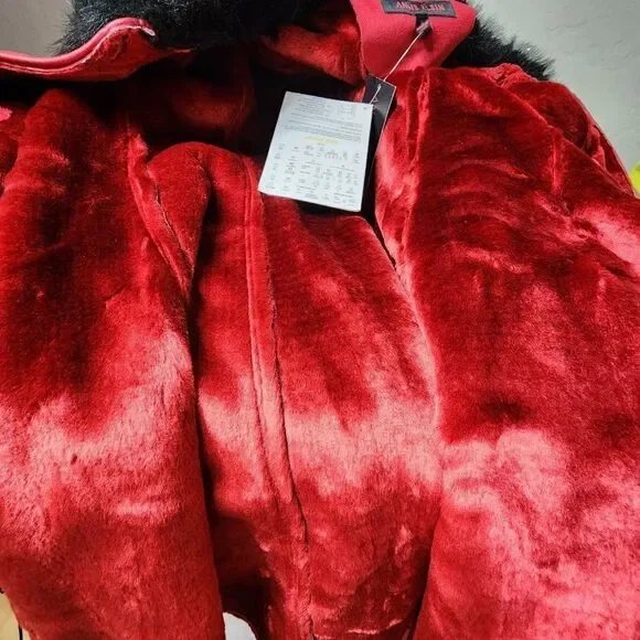 Anne Klein Red Faux Fur Lined Coat with Faux Fur Collar, Women's Small NWT - Picture 7 of 10